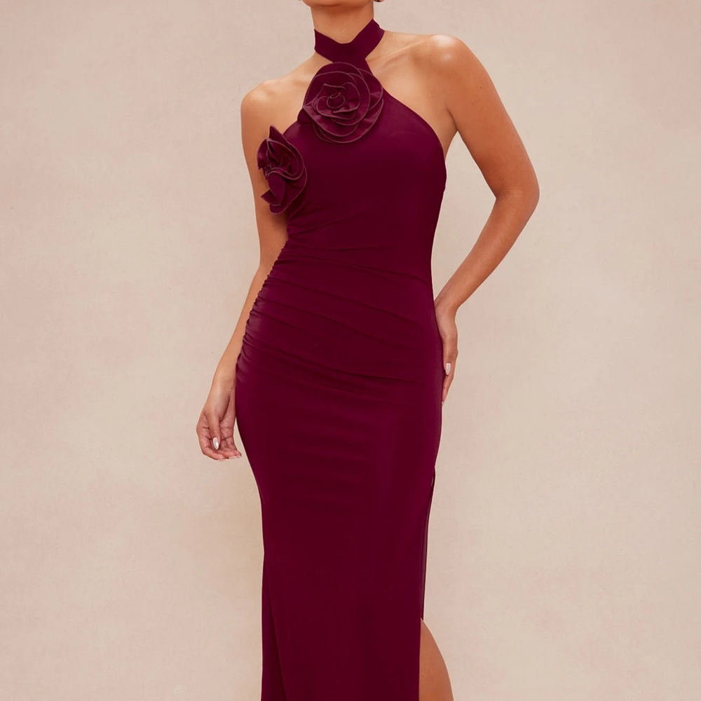 Burgundy Maxi/ bodycon Dress with Slit and Halter Neckline for wedding/cocktail